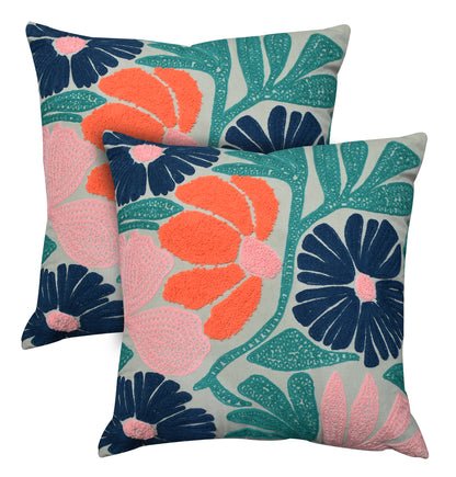 Embroidered Floral Cotton Cushion with Polyester Filler Insert