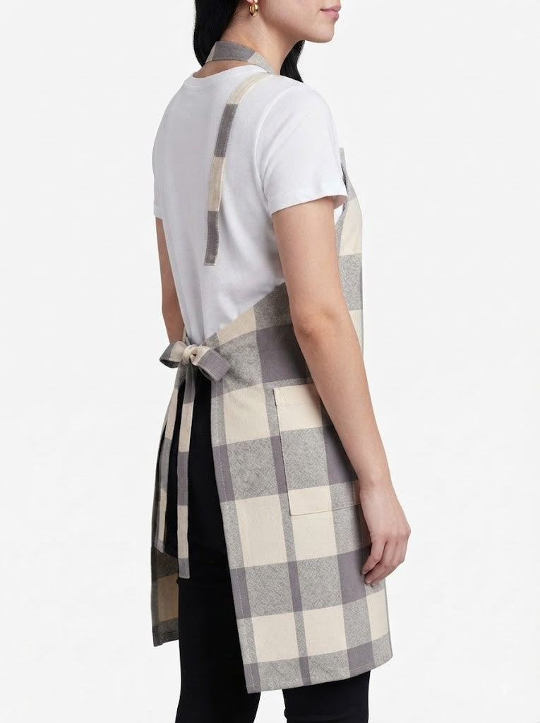 Premium Cotton Checkered Kitchen Apron with Pockets – Grey