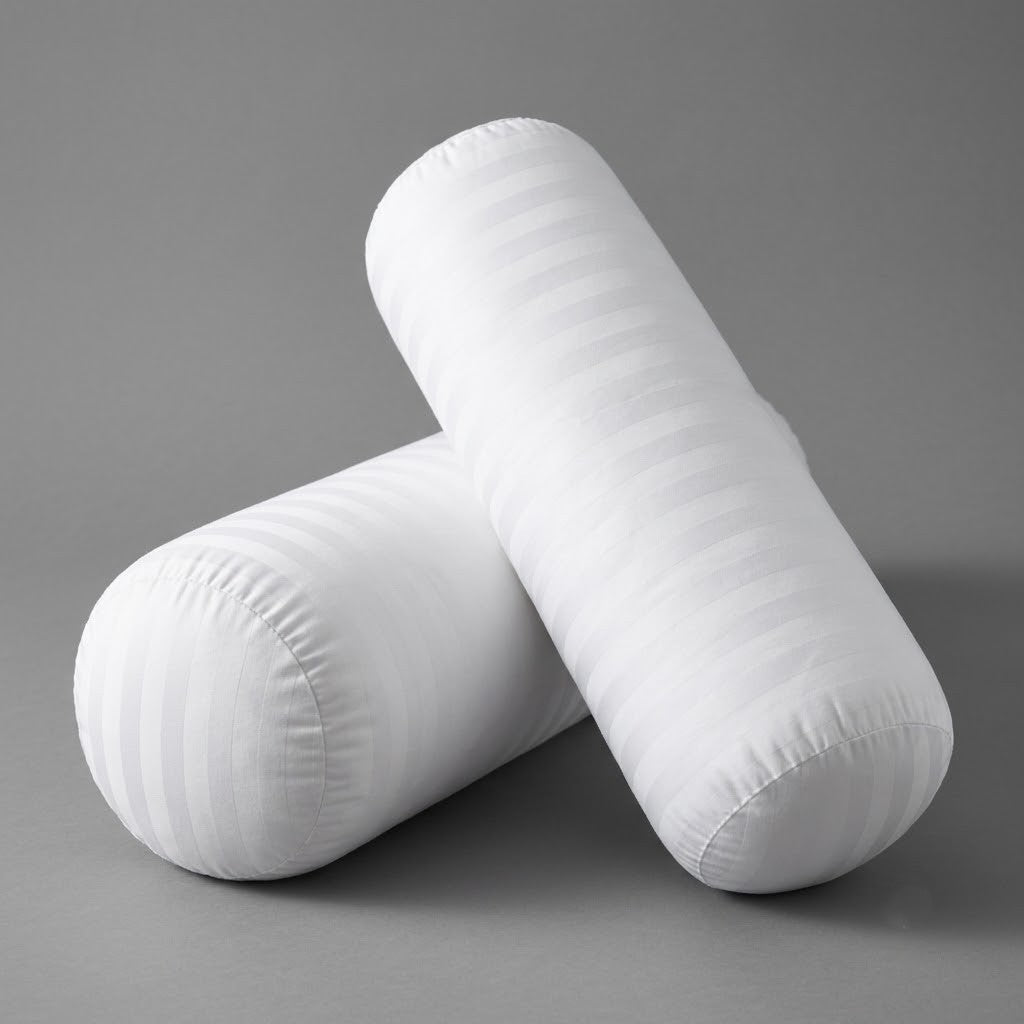 Set of 2 White Striped Bolster Pillows (9x24 inch) – Microfiber Filled Cylindrical Cushions | Bed Support Combo