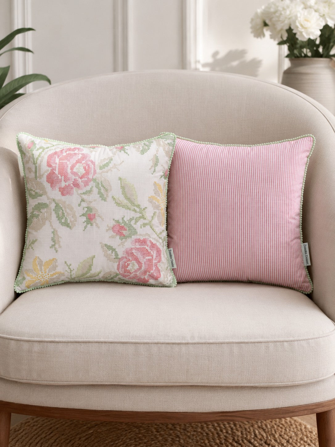 Floral Cross Stitch Embroidered Throw Pillow Cover 18 x 18 Inch - Pack of 1