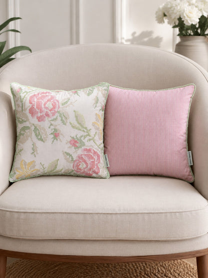 Floral Cross Stitch Embroidered Throw Pillow Cover 18 x 18 Inch - Pack of 1
