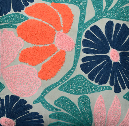 Embroidered Floral Cotton Cushion with Polyester Filler Insert