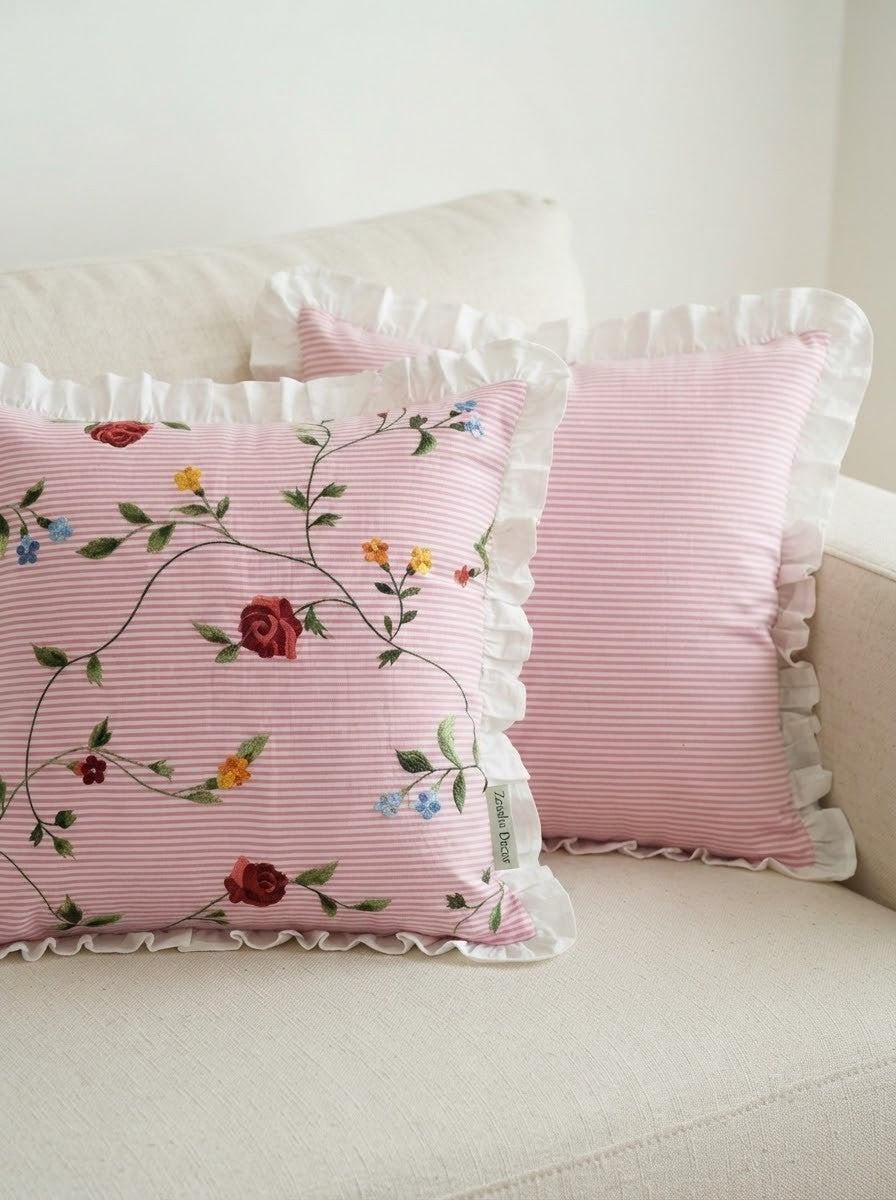 Pink Floral Cotton Pillow Cover with Ruffled Border – Striped Printed Cushion Cover