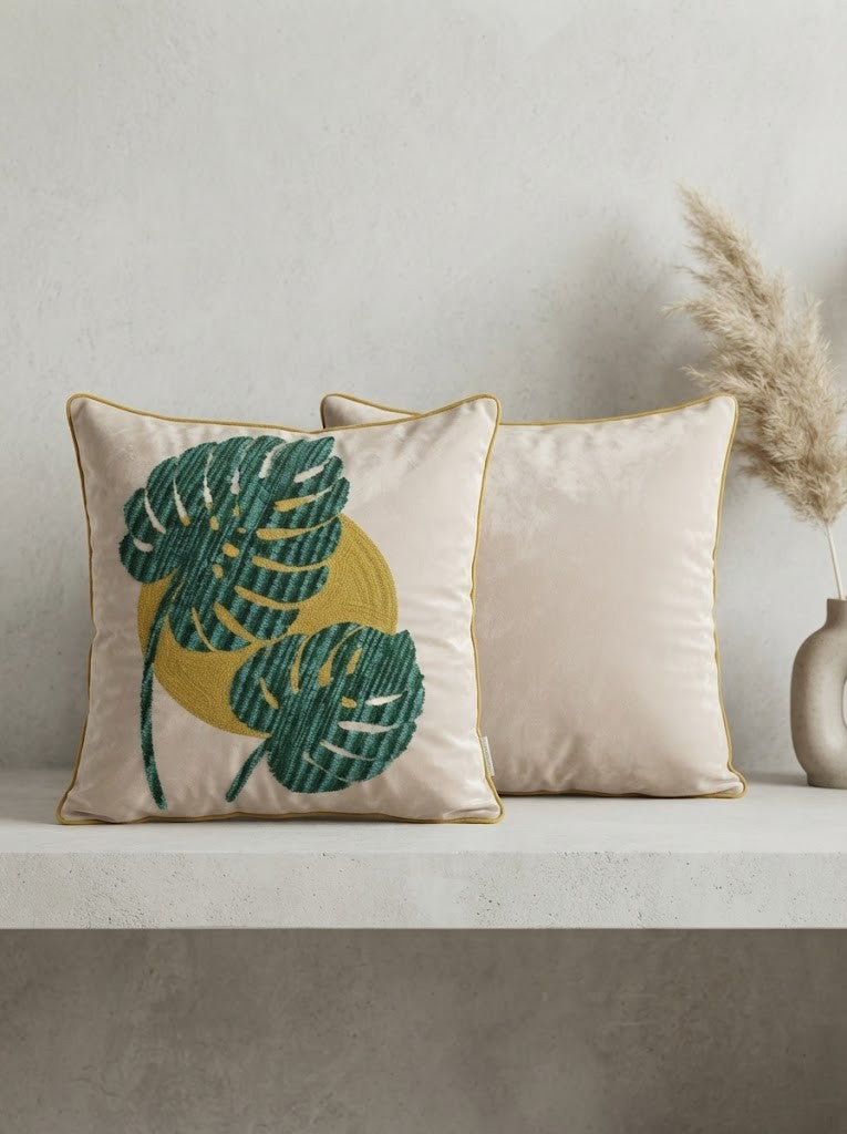 Green Leaf Embroidered Poly Dupion Cushion Cover 18x18 Inch – Decorative Botanical Cushion Cover for Sofa & Bed