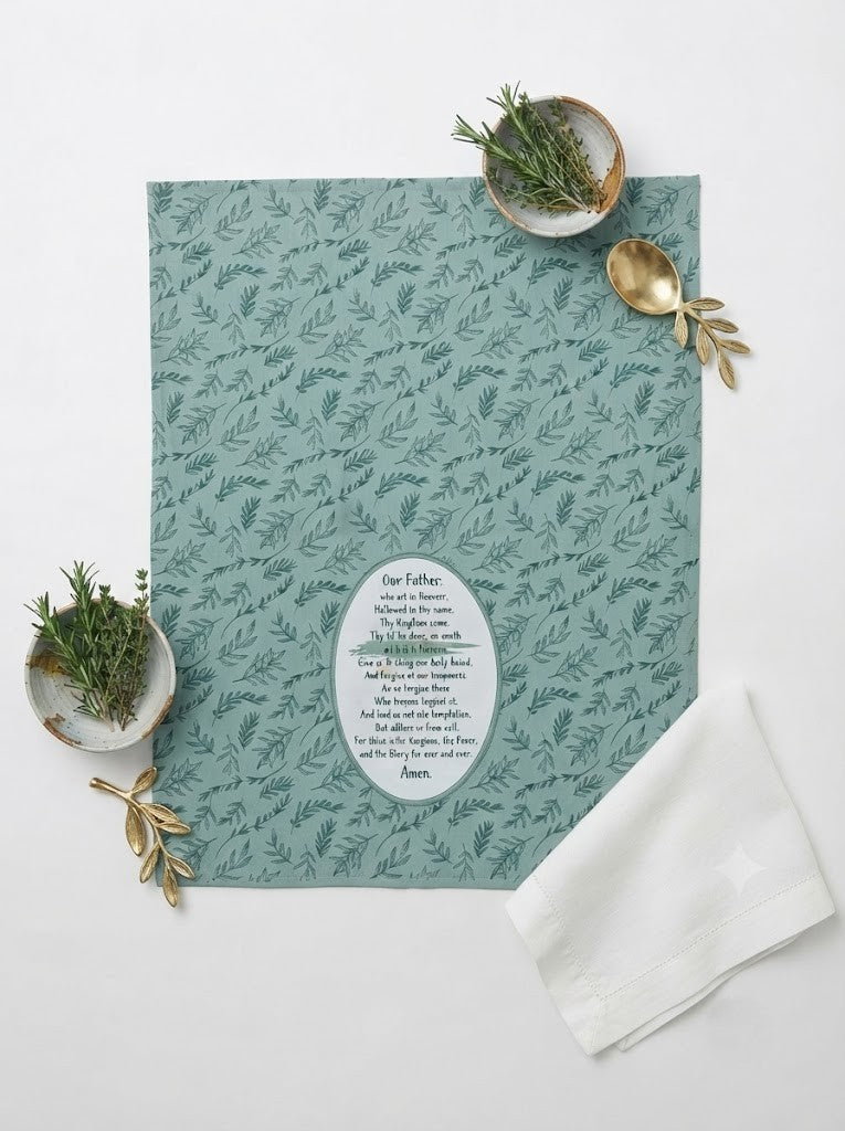 Cotton Kitchen Towels Set of 5 – Green Botanical Leaf Print, Our Father Prayer Design, Decorative Tea Towels for Kitchen