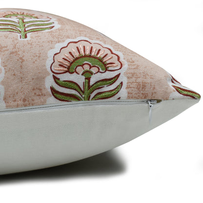 16x16 Cotton Floral Cushion Cover with Insert | Blush Pink Hand Block Print Decorative Throw Pillow
