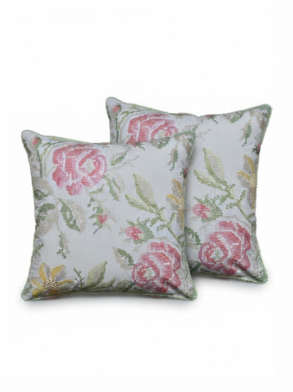 Floral Cross Stitch Embroidered Throw Pillow Cover 18 x 18 Inch - Pack of 1