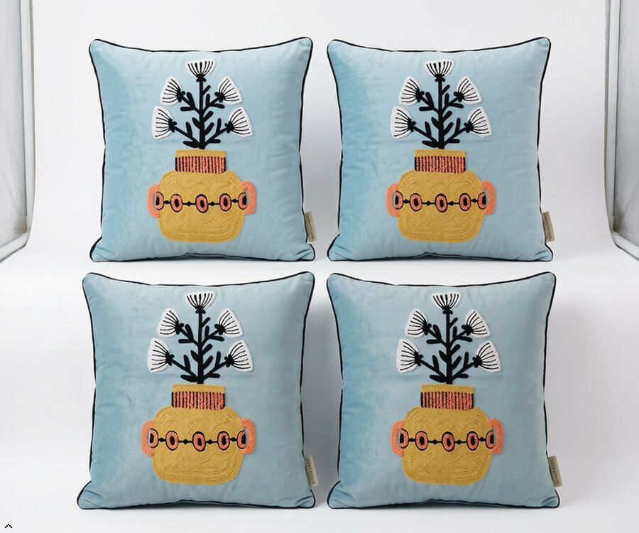 Handcrafted Polyester Cushion Cover with Insert – Embroidered Floral Vase Design Decorative Throw Pillow for Sofa, Bed & Living Room