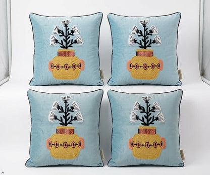 Handcrafted Polyester Cushion Cover with Insert – Embroidered Floral Vase Design Decorative Throw Pillow for Sofa, Bed & Living Room