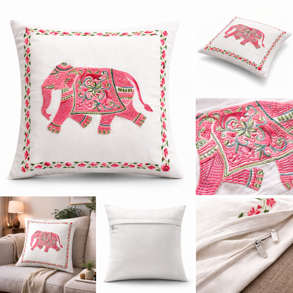 Pink Embroidered Elephant Cushion Cover with Insert – Decorative Throw Pillow for Sofa, Bed & Living Room (Copy)