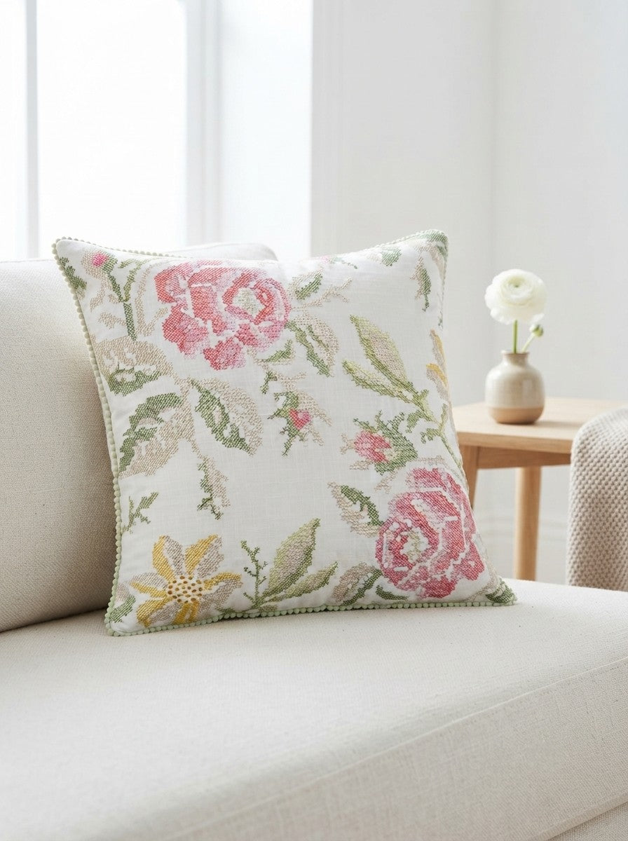 Floral Cross Stitch Embroidered Throw Pillow Cover 18 x 18 Inch - Pack of 1