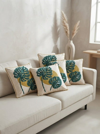 Green Leaf Embroidered Poly Dupion Cushion Cover 18x18 Inch – Decorative Botanical Cushion Cover for Sofa & Bed