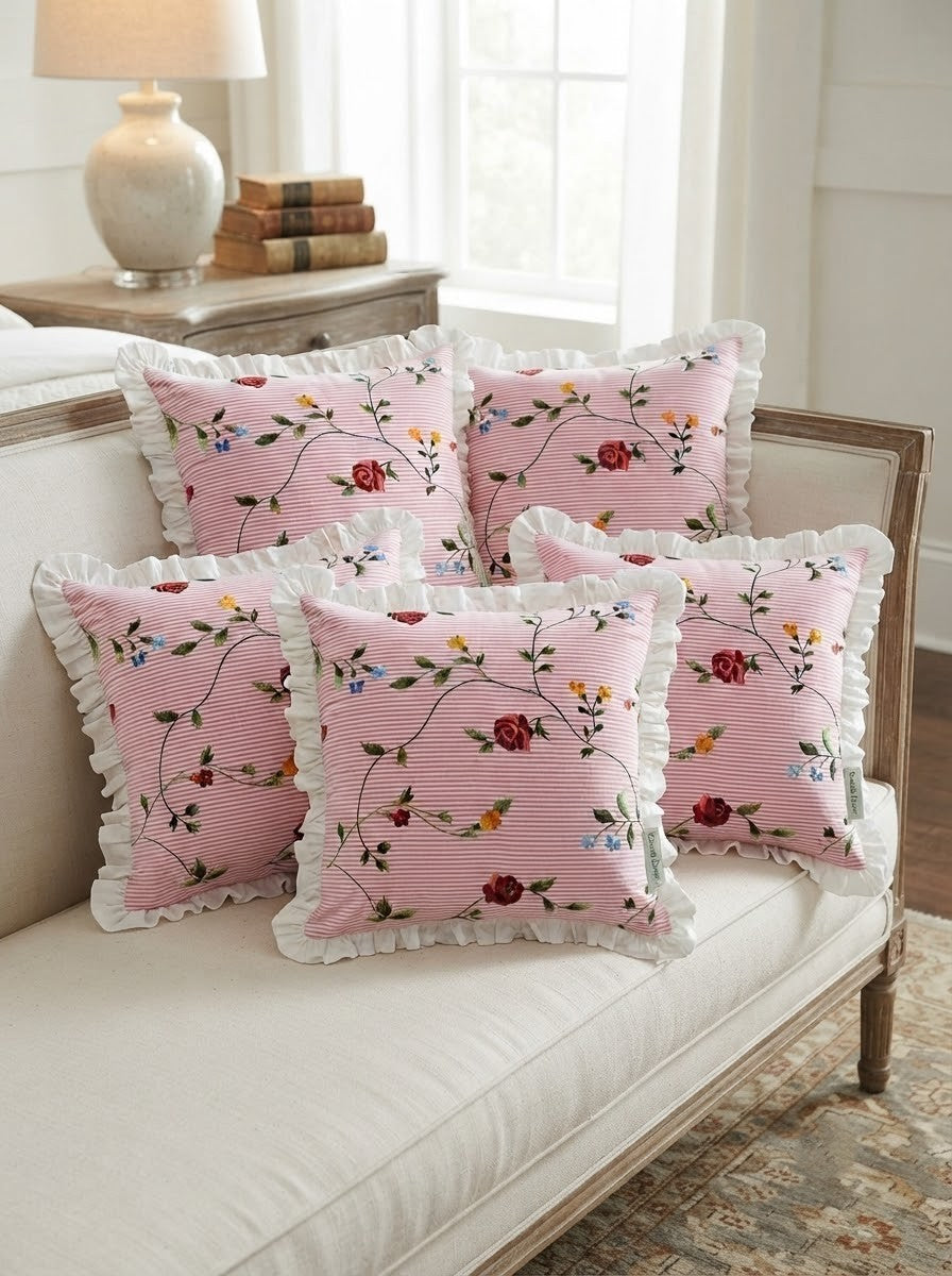 Pink Floral Cotton Pillow Cover with Ruffled Border – Striped Printed Cushion Cover