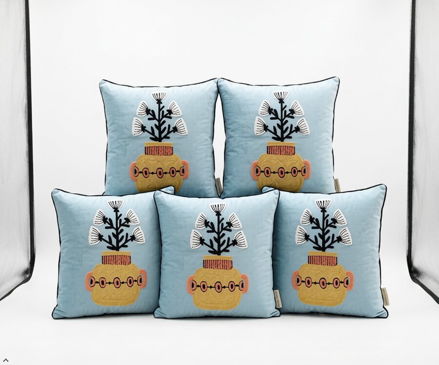Handcrafted Polyester Cushion Cover with Insert – Embroidered Floral Vase Design Decorative Throw Pillow for Sofa, Bed & Living Room