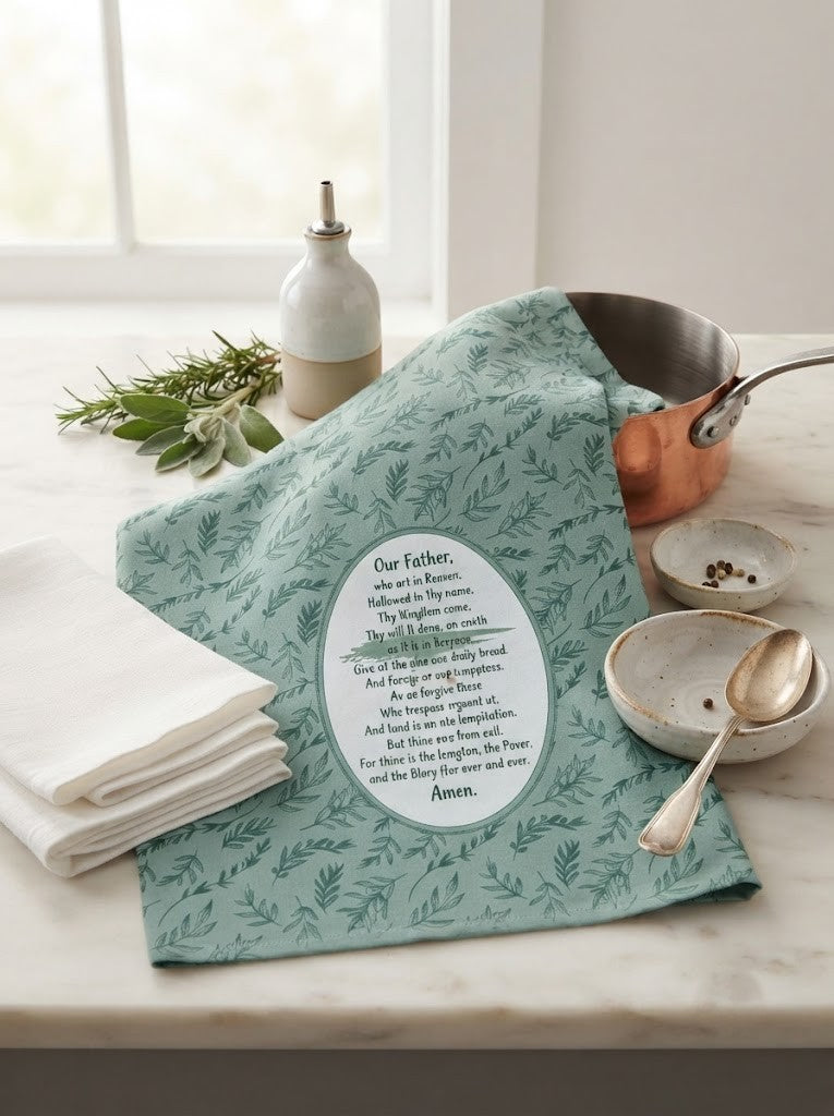 Cotton Kitchen Towels Set of 5 – Green Botanical Leaf Print, Our Father Prayer Design, Decorative Tea Towels for Kitchen