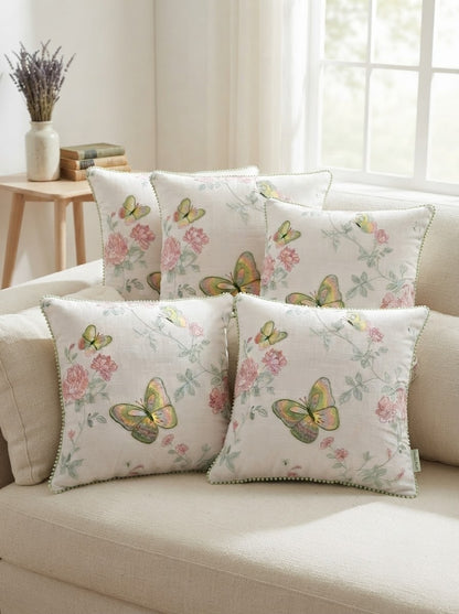 Floral Butterfly Cotton Pillow Cover with Decorative Piped Border – Soft Printed Cushion Cover