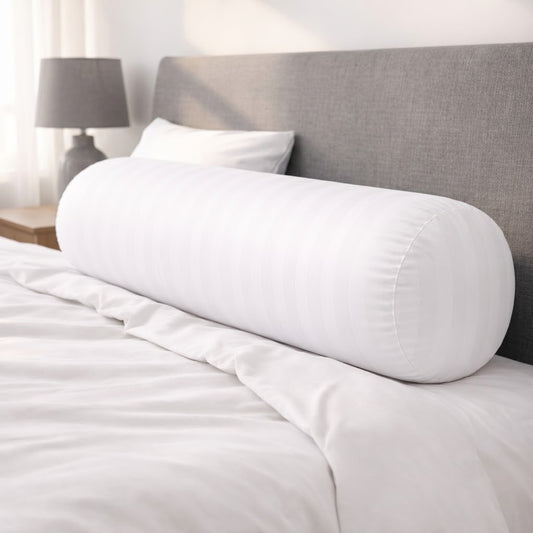 White Striped Bolster Pillow (9x24 inch) – Soft Polyester Cylindrical Cushion | Neck, Back & Leg Support | Single Piece