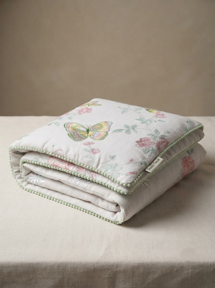 Floral Butterfly Cotton Pillow Cover with Decorative Piped Border – Soft Printed Cushion Cover