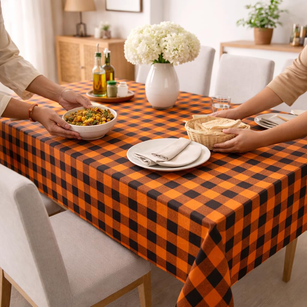 Zensha Cotton Rectangular Checkered Dining Table Cloth for 4–6 Seater (140x180 cm) | Wrinkle-Resistant | Perfect for Daily Use & Parties