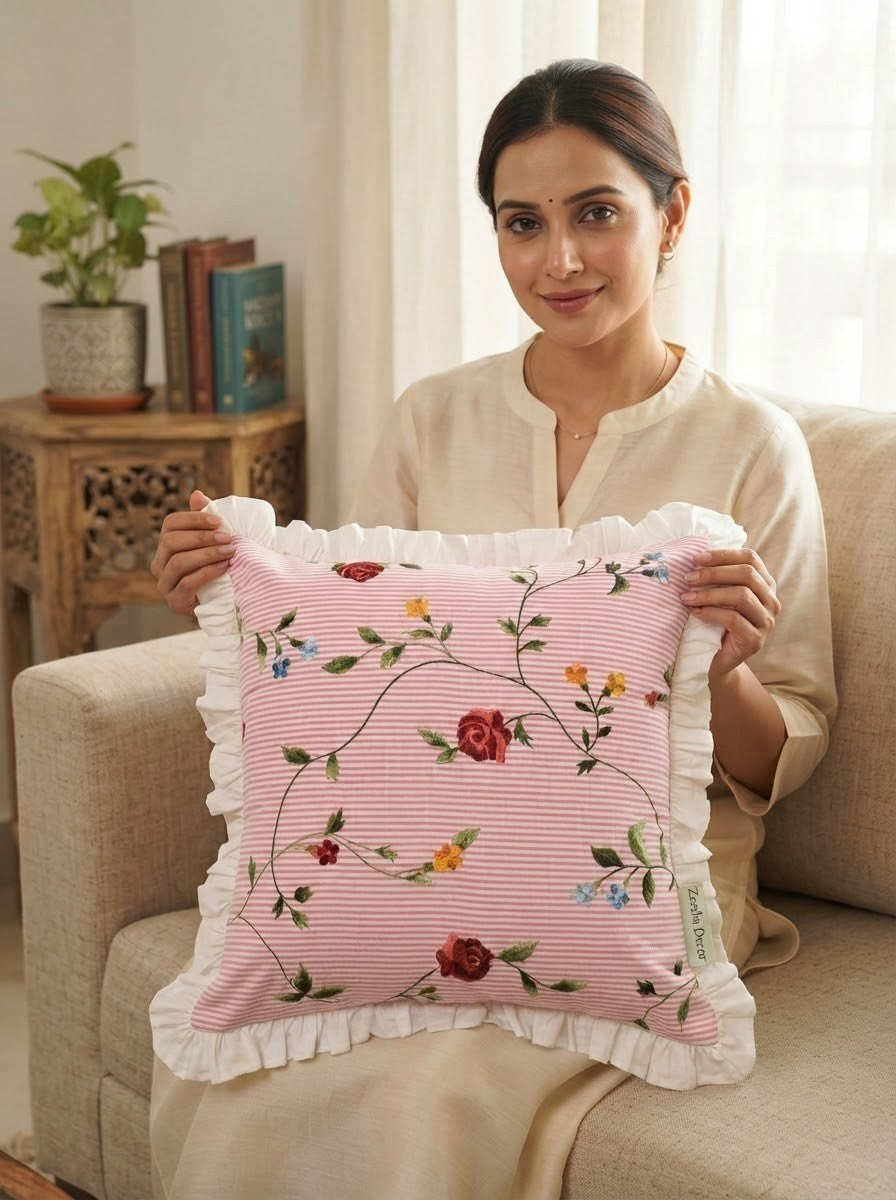 Pink Floral Cotton Pillow Cover with Ruffled Border – Striped Printed Cushion Cover