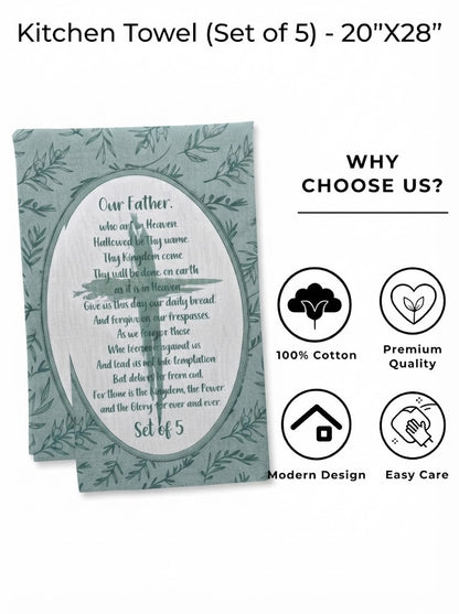 Cotton Kitchen Towels Set of 5 – Green Botanical Leaf Print, Our Father Prayer Design, Decorative Tea Towels for Kitchen