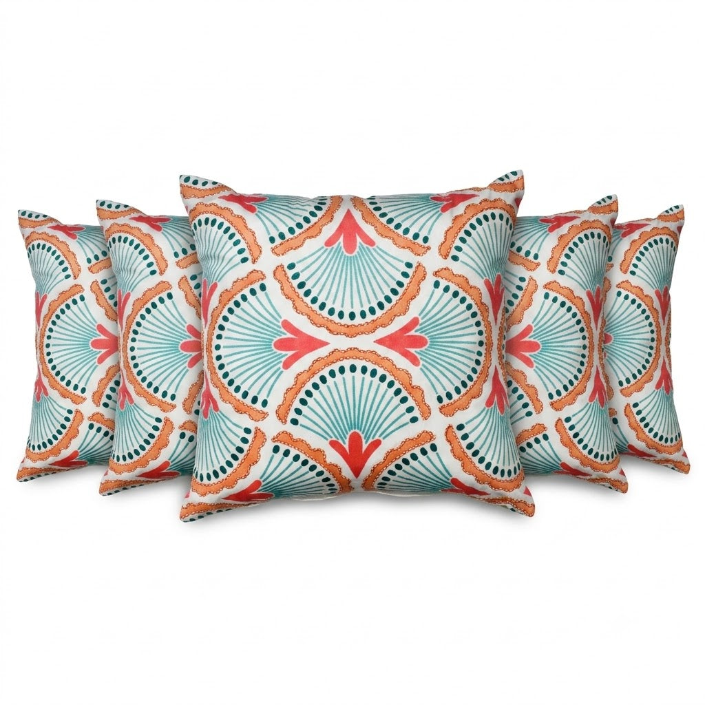 Coral & Teal Fan Pattern Poly Velvet Cushion Cover with Premium Cushion Insert | Decorative Throw Pillow