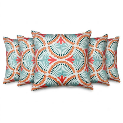 Coral & Teal Fan Pattern Poly Velvet Cushion Cover with Premium Cushion Insert | Decorative Throw Pillow