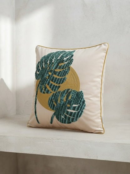 Green Leaf Embroidered Poly Dupion Cushion Cover 18x18 Inch – Decorative Botanical Cushion Cover for Sofa & Bed
