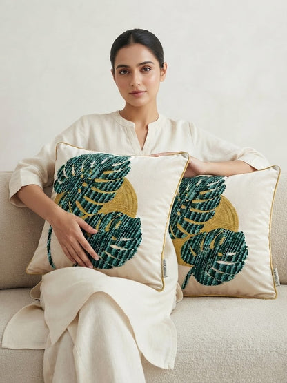 Green Leaf Embroidered Poly Dupion Cushion Cover 18x18 Inch – Decorative Botanical Cushion Cover for Sofa & Bed