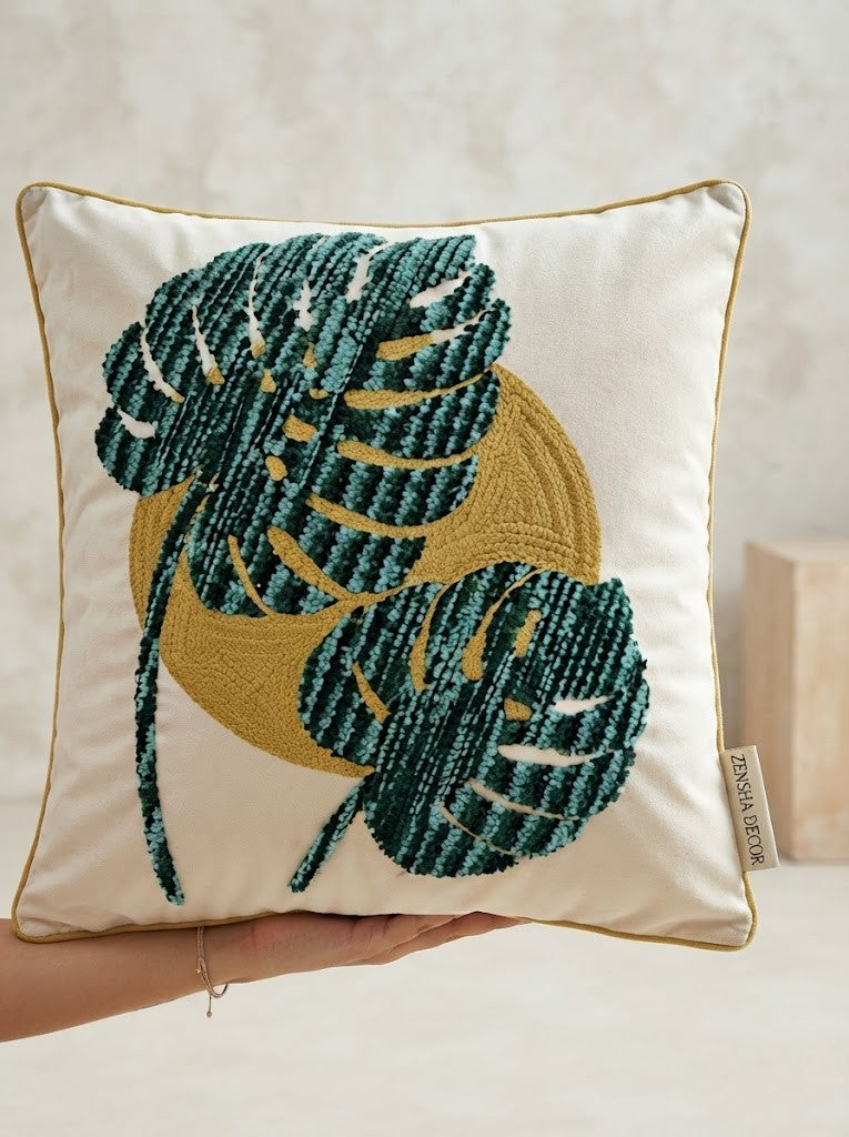 Green Leaf Embroidered Poly Dupion Cushion Cover 18x18 Inch – Decorative Botanical Cushion Cover for Sofa & Bed