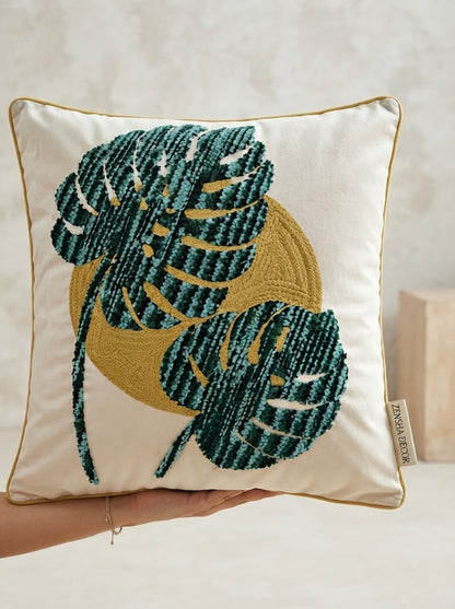 Green Leaf Embroidered Poly Dupion Cushion Cover 18x18 Inch – Decorative Botanical Cushion Cover for Sofa & Bed