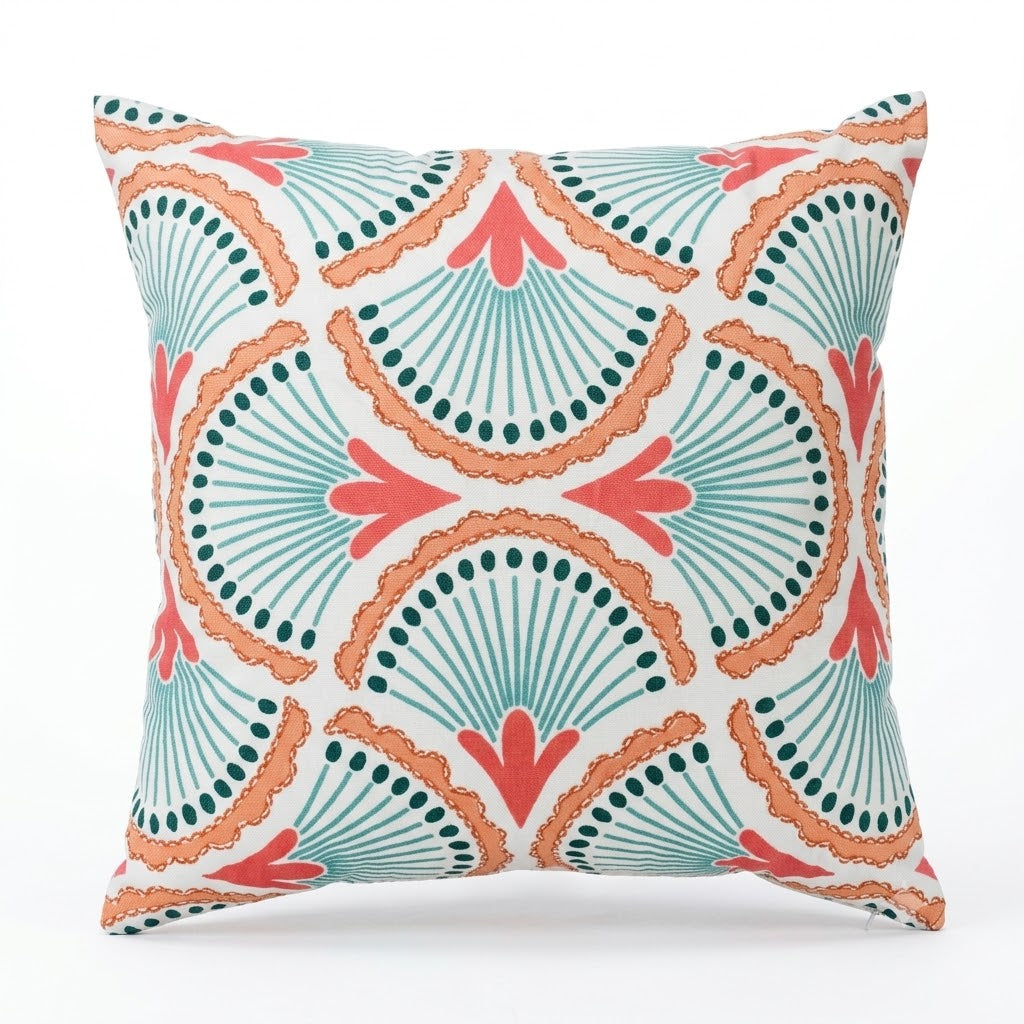 Coral & Teal Fan Pattern Poly Velvet Cushion Cover with Premium Cushion Insert | Decorative Throw Pillow