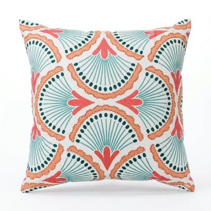 Coral & Teal Fan Pattern Poly Velvet Cushion Cover with Premium Cushion Insert | Decorative Throw Pillow