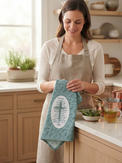 Cotton Kitchen Towels Set of 5 – Green Botanical Leaf Print, Our Father Prayer Design, Decorative Tea Towels for Kitchen