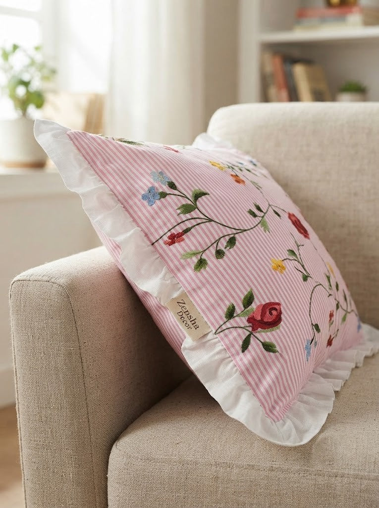 Pink Floral Cotton Pillow Cover with Ruffled Border – Striped Printed Cushion Cover