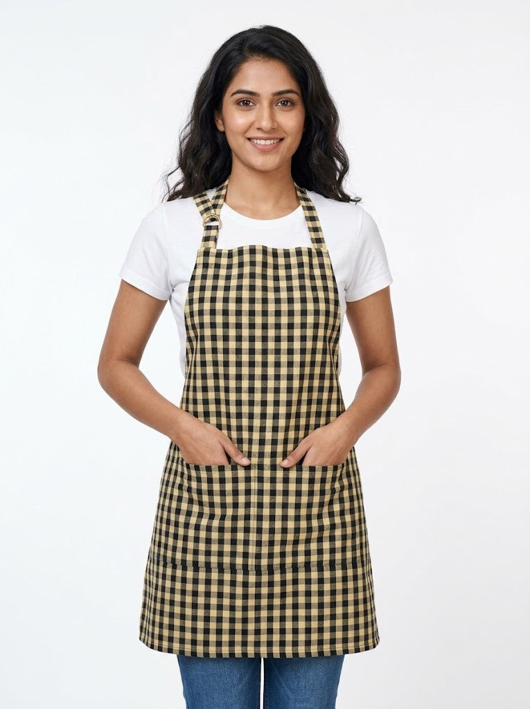 Cotton Kitchen Apron for Women & Men – Black & Cream Checkered Cooking Apron with Front Pocket | 1 Pack