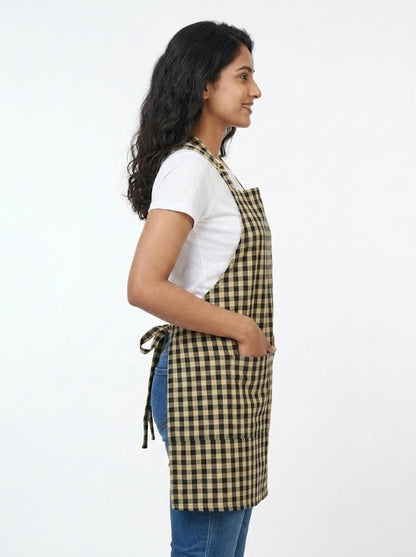 Cotton Kitchen Apron for Women & Men – Black & Cream Checkered Cooking Apron with Front Pocket | 1 Pack
