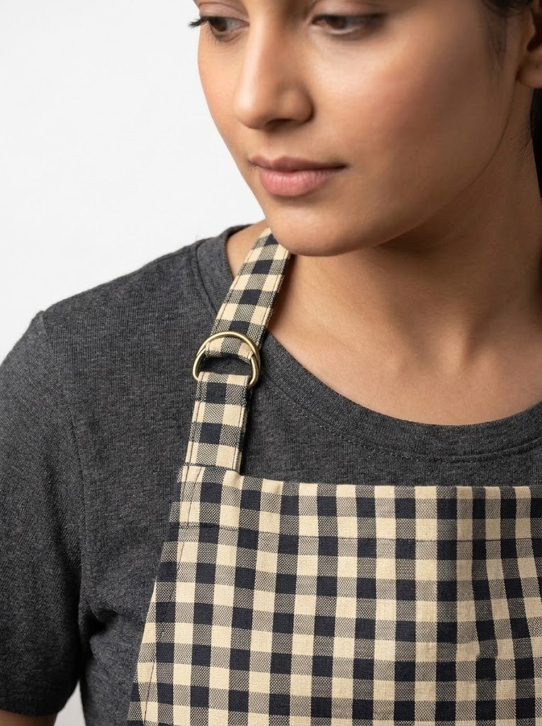 Cotton Kitchen Apron for Women & Men – Black & Cream Checkered Cooking Apron with Front Pocket | 1 Pack