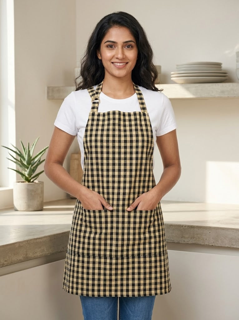 Cotton Kitchen Apron for Women & Men – Black & Cream Checkered Cooking Apron with Front Pocket | 1 Pack