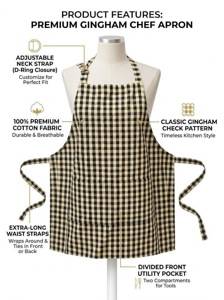 Cotton Kitchen Apron for Women & Men – Black & Cream Checkered Cooking Apron with Front Pocket | 1 Pack