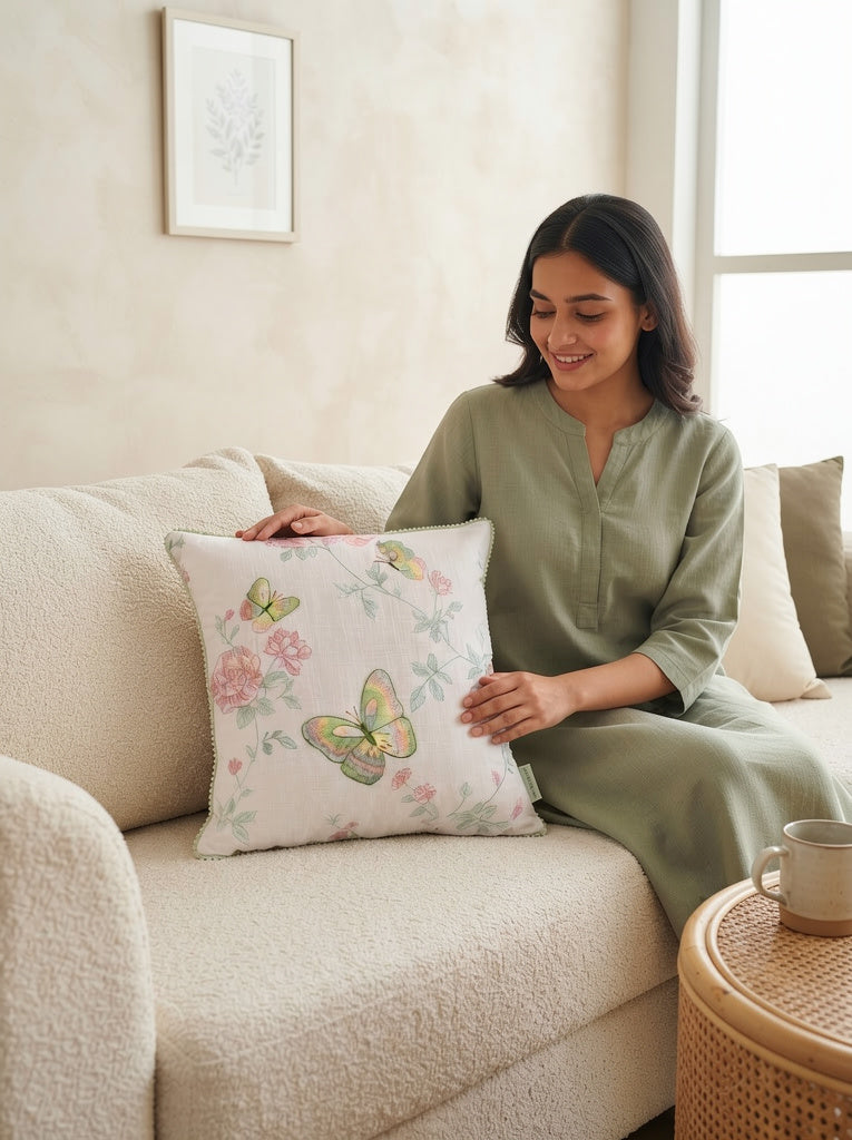 Floral Butterfly Cotton Pillow Cover with Decorative Piped Border – Soft Printed Cushion Cover