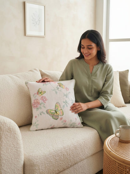 Floral Butterfly Cotton Pillow Cover with Decorative Piped Border – Soft Printed Cushion Cover