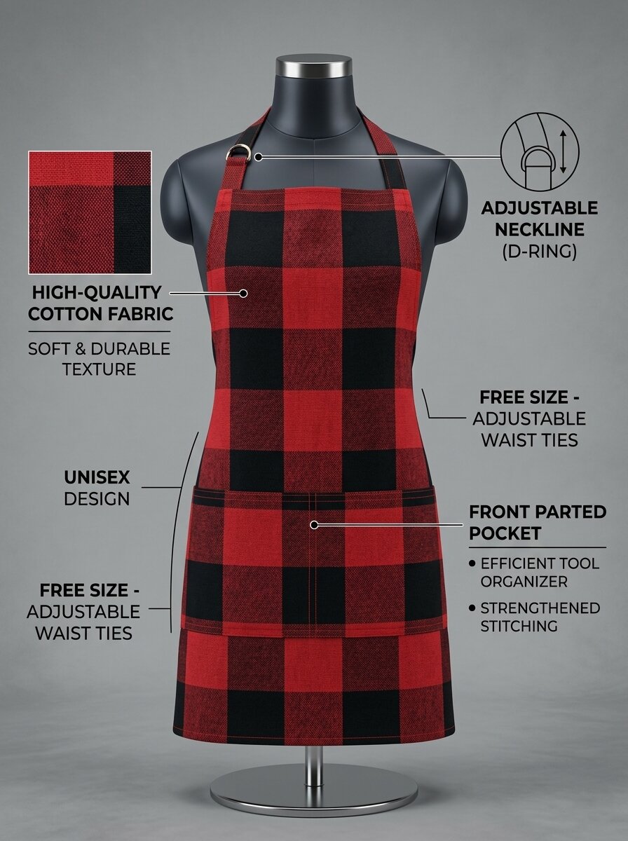 Unisex Cotton Checkered Kitchen Apron with Adjustable Neck Strap & Front Pocket | Free Size | Soft Breathable Cooking Apron