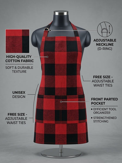 Unisex Cotton Checkered Kitchen Apron with Adjustable Neck Strap & Front Pocket | Free Size | Soft Breathable Cooking Apron