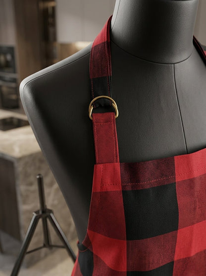 Unisex Cotton Checkered Kitchen Apron with Adjustable Neck Strap & Front Pocket | Free Size | Soft Breathable Cooking Apron