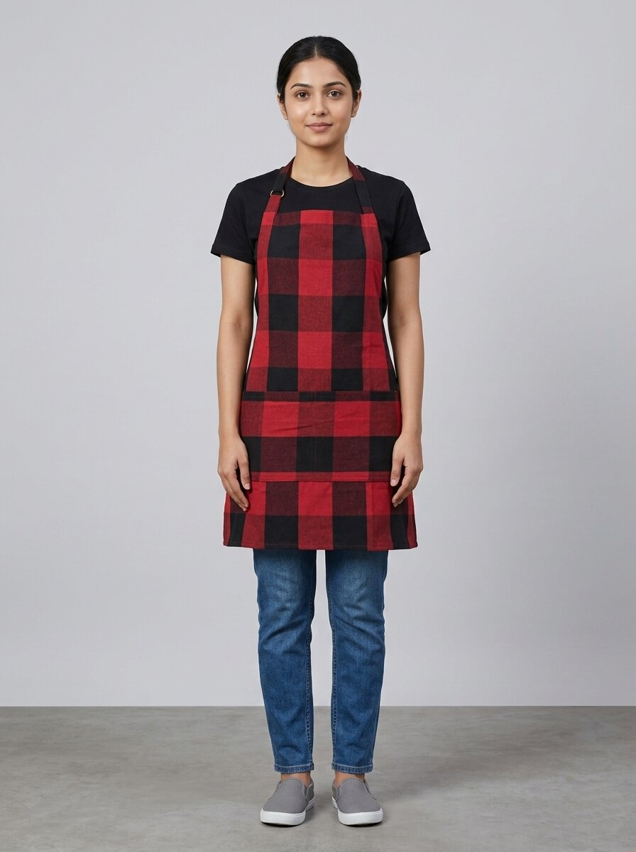 Unisex Cotton Checkered Kitchen Apron with Adjustable Neck Strap & Front Pocket | Free Size | Soft Breathable Cooking Apron