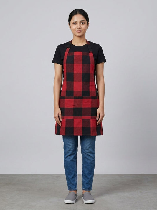 Unisex Cotton Checkered Kitchen Apron with Adjustable Neck Strap & Front Pocket | Free Size | Soft Breathable Cooking Apron