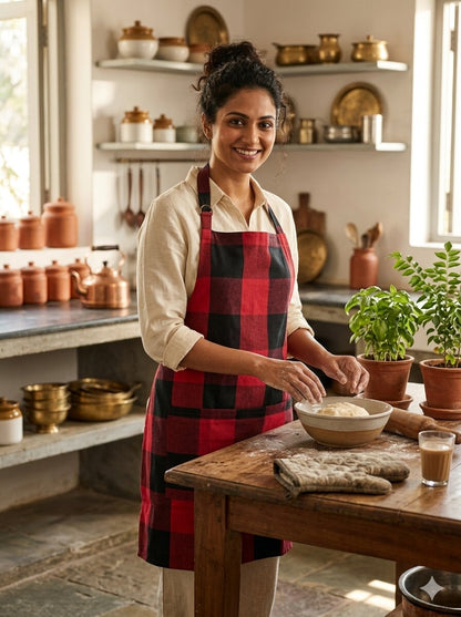 Unisex Cotton Checkered Kitchen Apron with Adjustable Neck Strap & Front Pocket | Free Size | Soft Breathable Cooking Apron