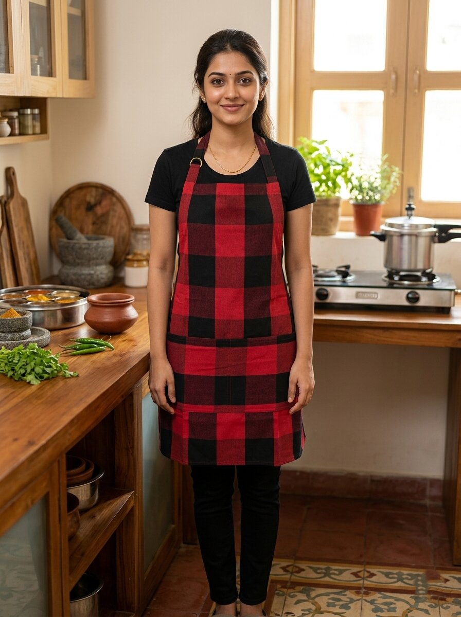 Unisex Cotton Checkered Kitchen Apron with Adjustable Neck Strap & Front Pocket | Free Size | Soft Breathable Cooking Apron