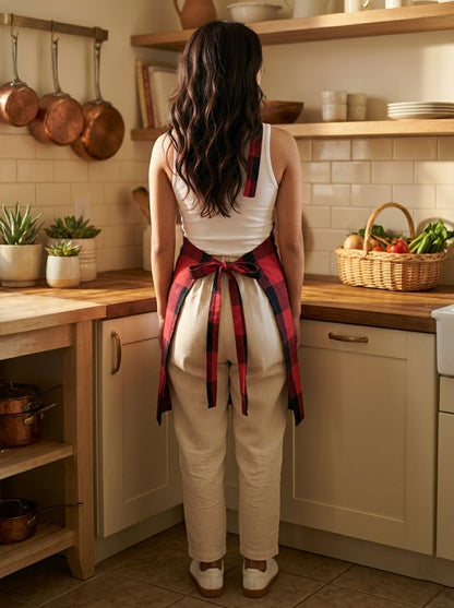 Unisex Cotton Checkered Kitchen Apron with Adjustable Neck Strap & Front Pocket | Free Size | Soft Breathable Cooking Apron
